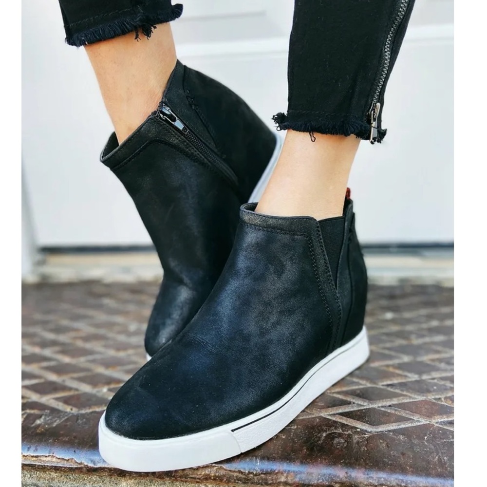 SUGAR Women’s “Glossy” Brush Suede Hidden Wedge Sneaker Booties in Black
